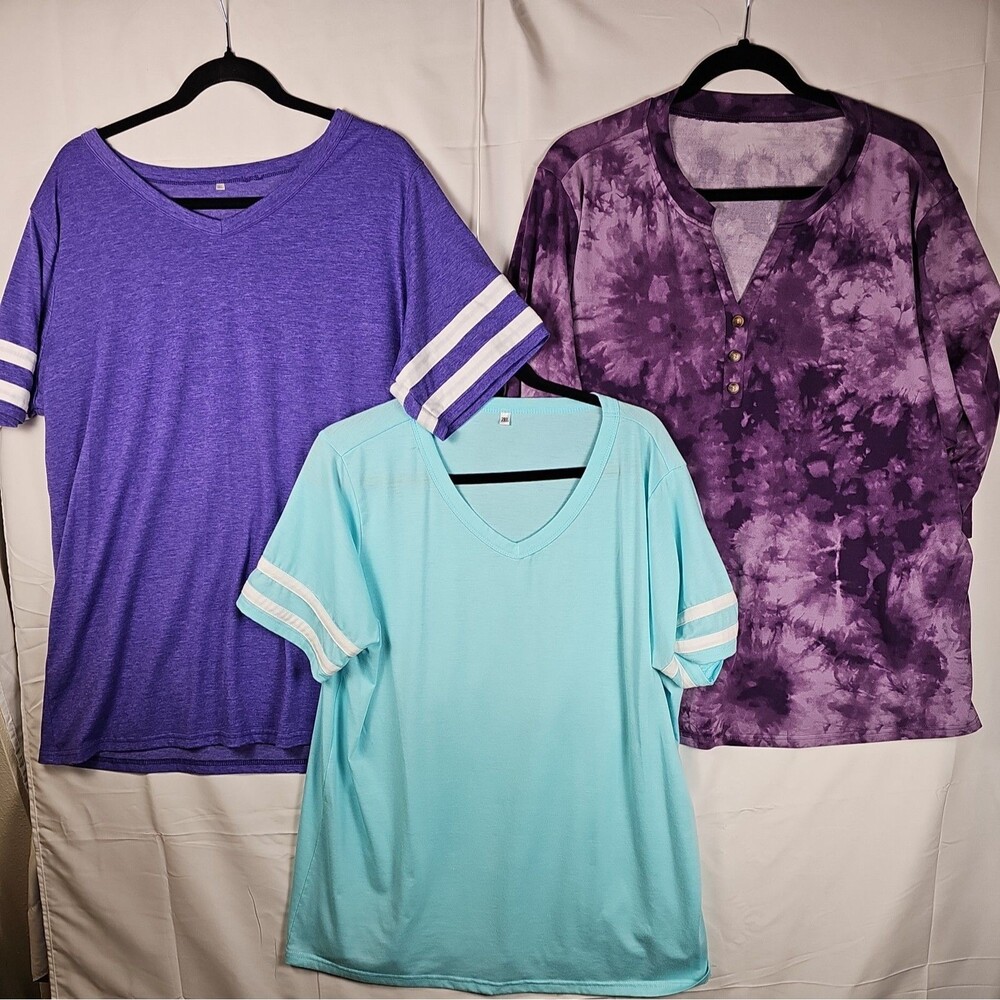 Lot of 3 Womens Tops Size 2X 2 Short Sleeve 1 Long Sleeve Purple Turquoise